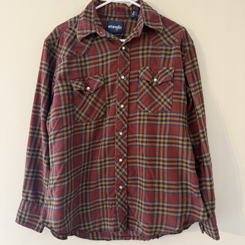 Wrangler VTG 90s Western Flannel Long Sleeve Shirt Plaid Men's L Outdoor Grunge